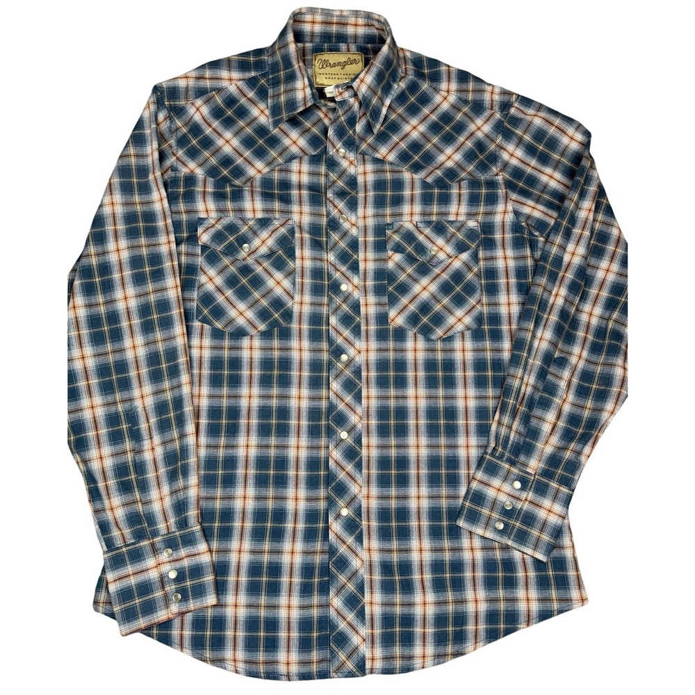 Wrangler Western Snap Shirt Mens Medium Blue Plaid Pearl Snap Yoke
